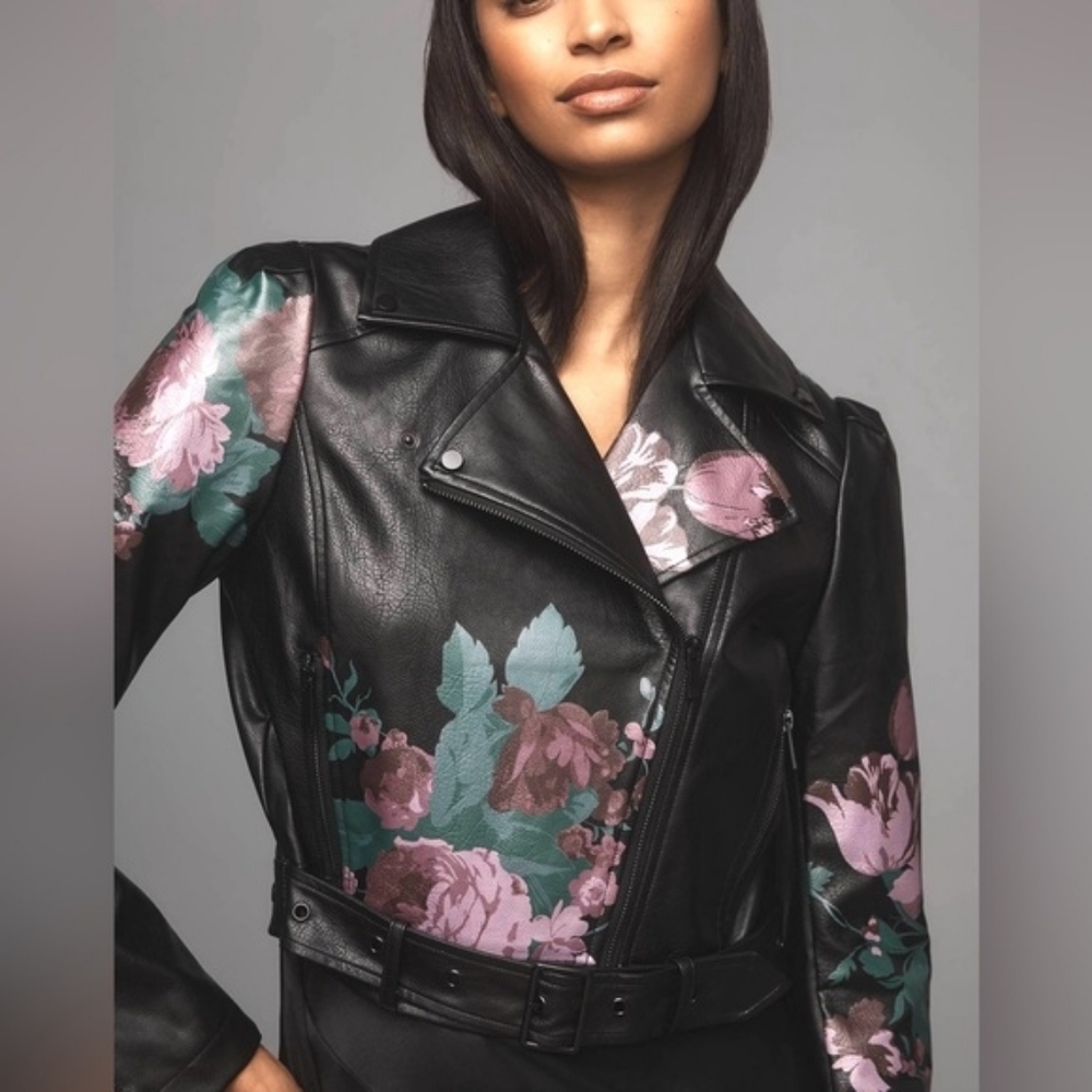 Anthropologie Floral Black Leather Jacket